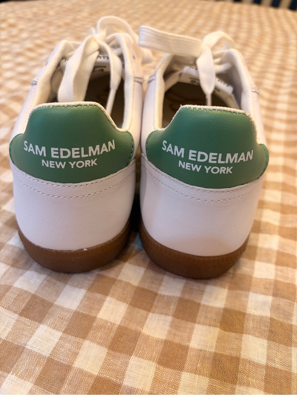 Sam Edelman White Leather Sneakers with Green Heel Accent
